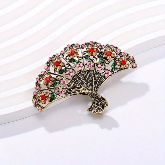 Vintage Style Antique Gold Tone Rhinestone Fan Brooch or Elegant Necklace - Nice - Picture 2 of 10